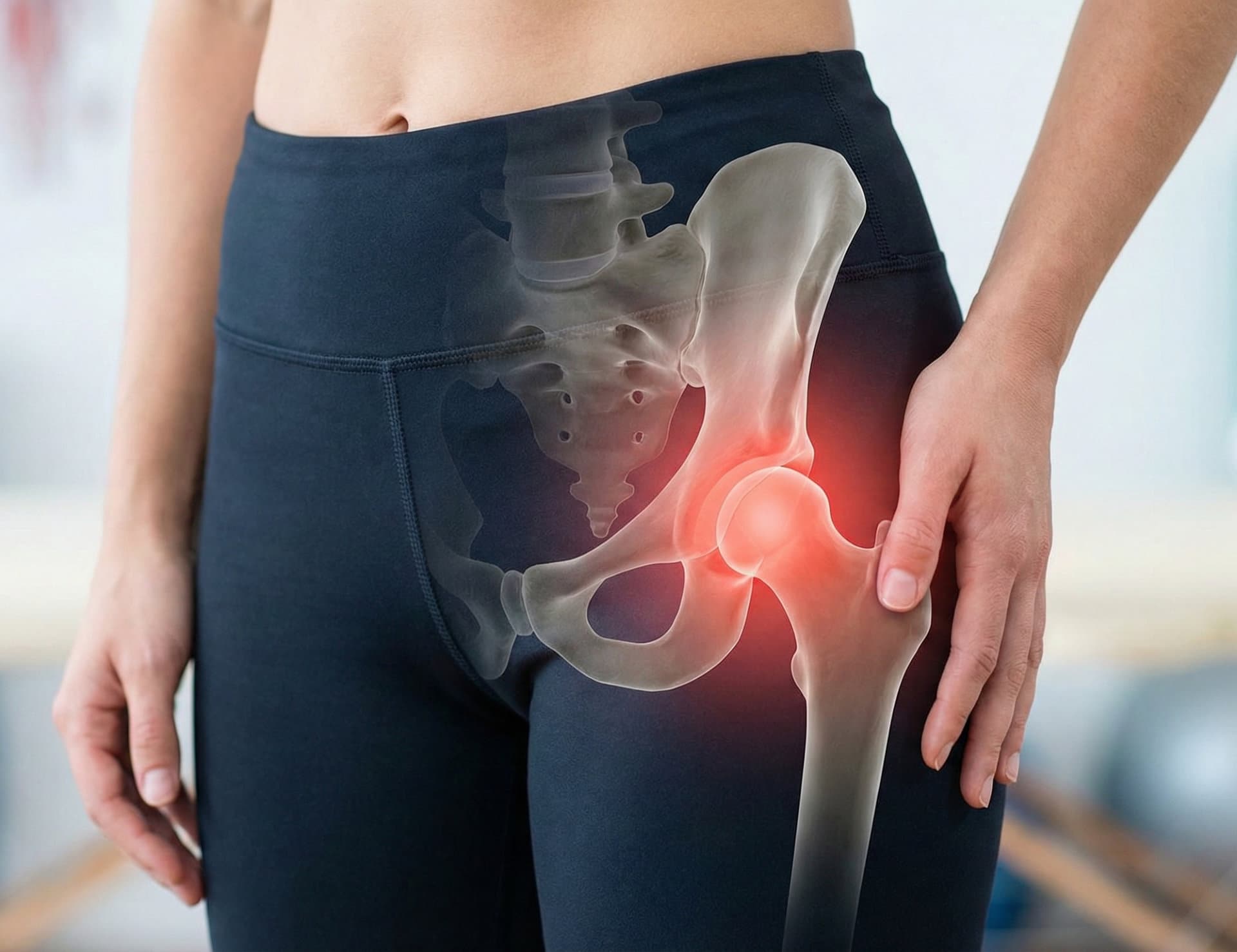Close-up view of a woman's hips in black workout pants with a digital overlay of the human pelvis and femur bones. A red glow highlights the hip ball-and-socket joint, visually representing inflammation and the need for hip pain relief.