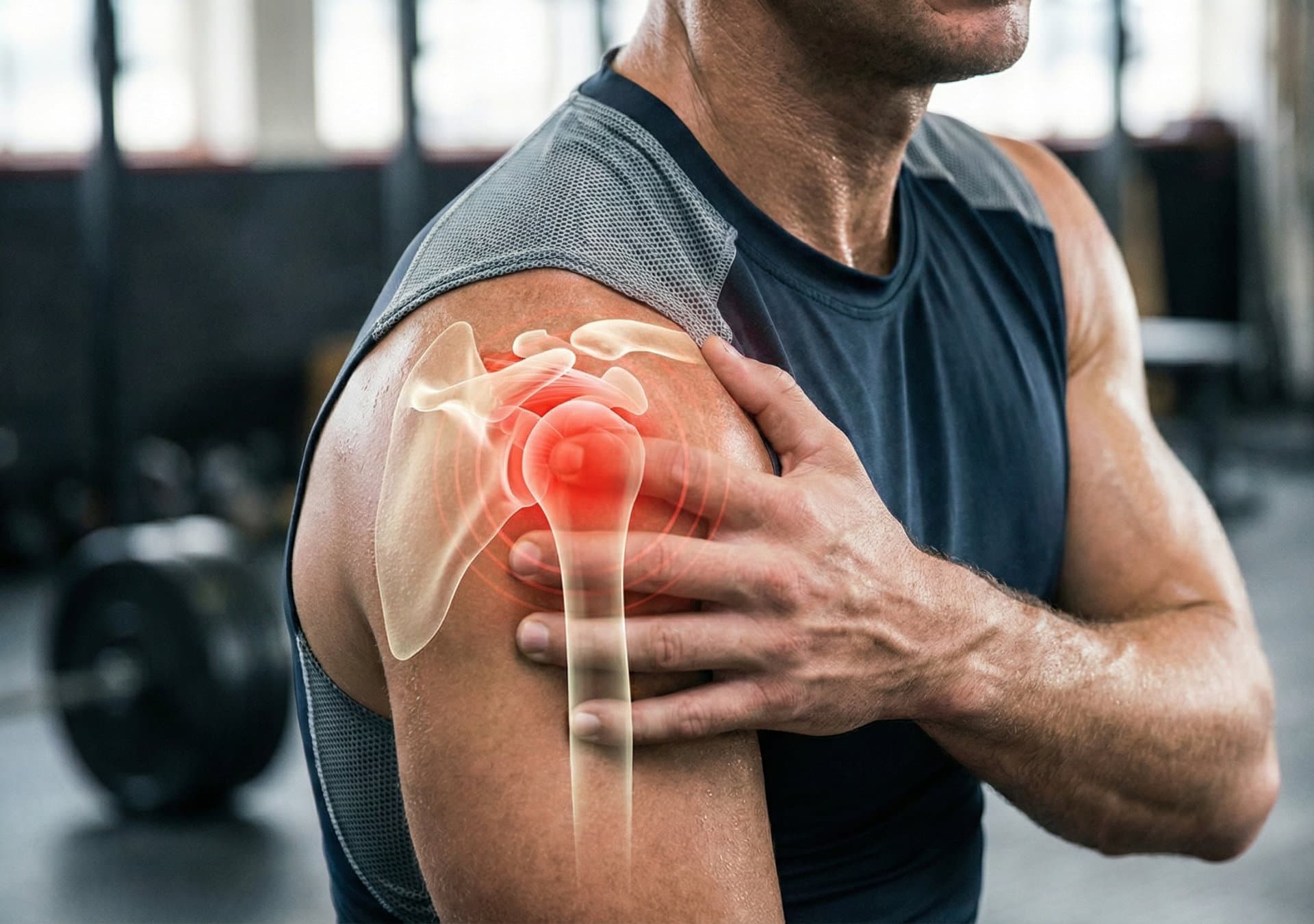 Torso-down view of a man in a gym holding his shoulder in discomfort. A digital anatomy overlay highlights the ball-and-socket joint with a red glow, visually representing inflammation, rotator cuff irritation, and the need for shoulder pain relief.