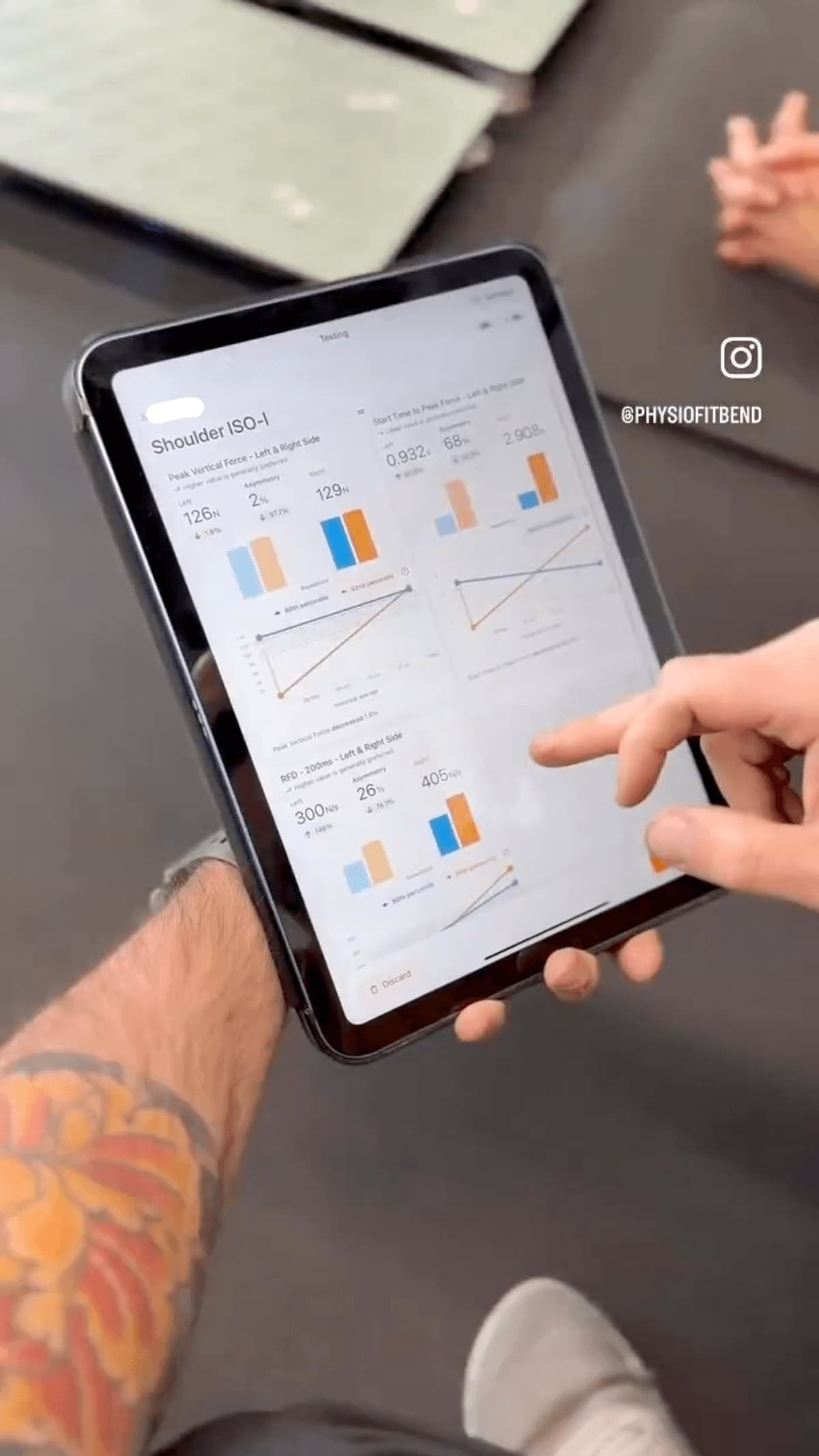 Trainer displaying Shoulder ISO-I strength graphs on tablet