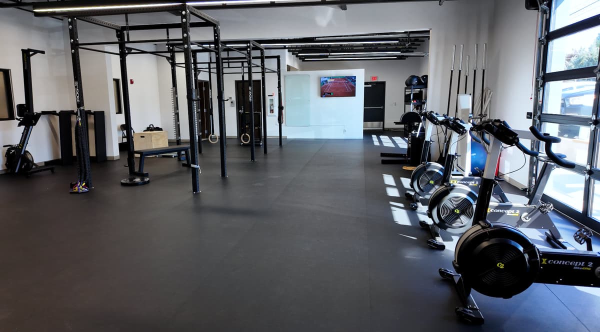 Wide-angle view of a sunlit gym facility with Concept 2 BikeErgs, Rogue Fitness rig, gymnastic rings, and specialized equipment