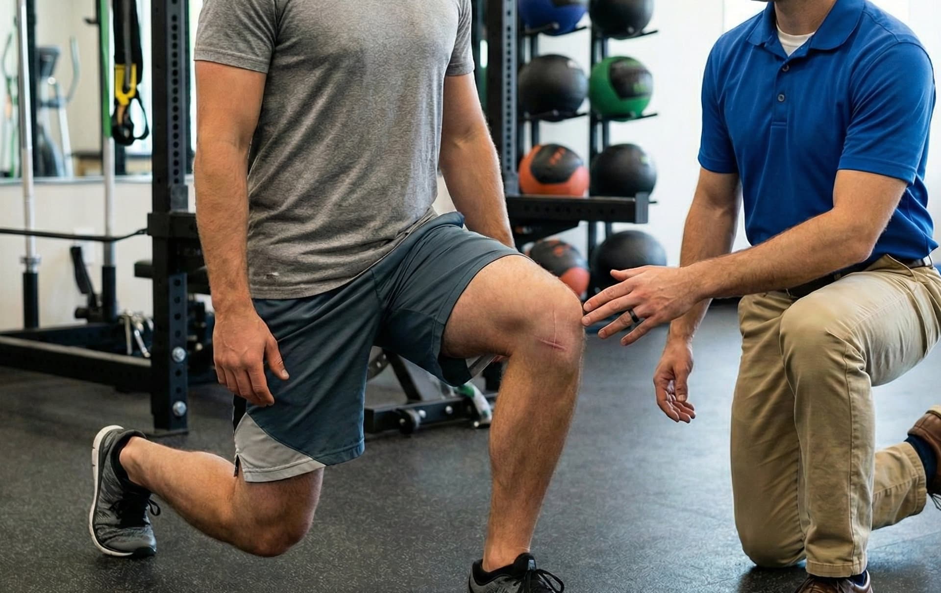 Side view of an athletic man with a visible surgical scar on his front knee performing a lunge. A physical therapist kneels facing him, providing gentle manual cues to the joint as part of an advanced post surgery rehabilitation session.