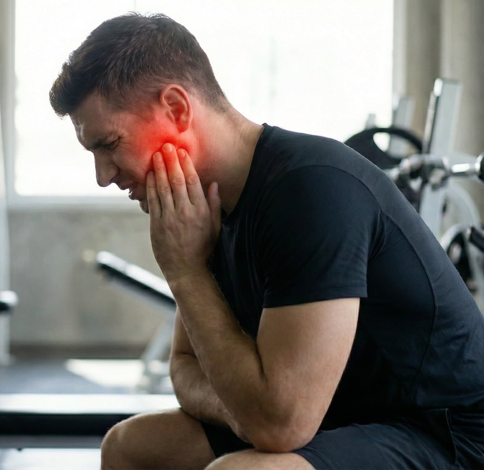 Side view of an athletic man sitting on a gym bench, holding his jaw in visible discomfort. A red glow highlights the temporomandibular joint (TMJ), visually representing symptoms that require professional TMJ pain treatment and TMJ pain relief.