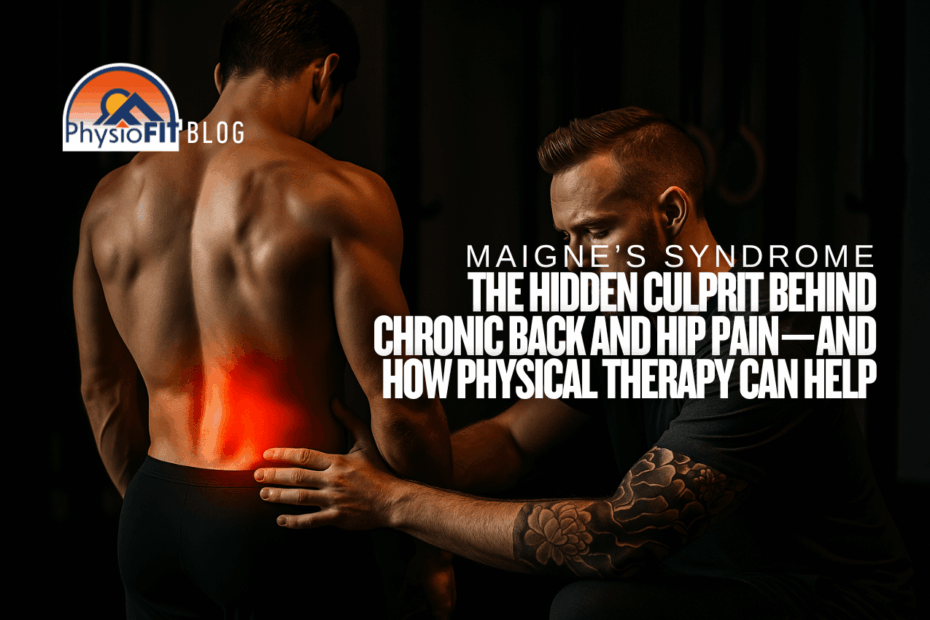 Man shown having lower back pain while another man who is the physical therapist is holding the hips of the man in pain. Text overlay says, "Maigne's syndrome the hidden culprit behind chronic back and hip pain-and how physical therapy can help."