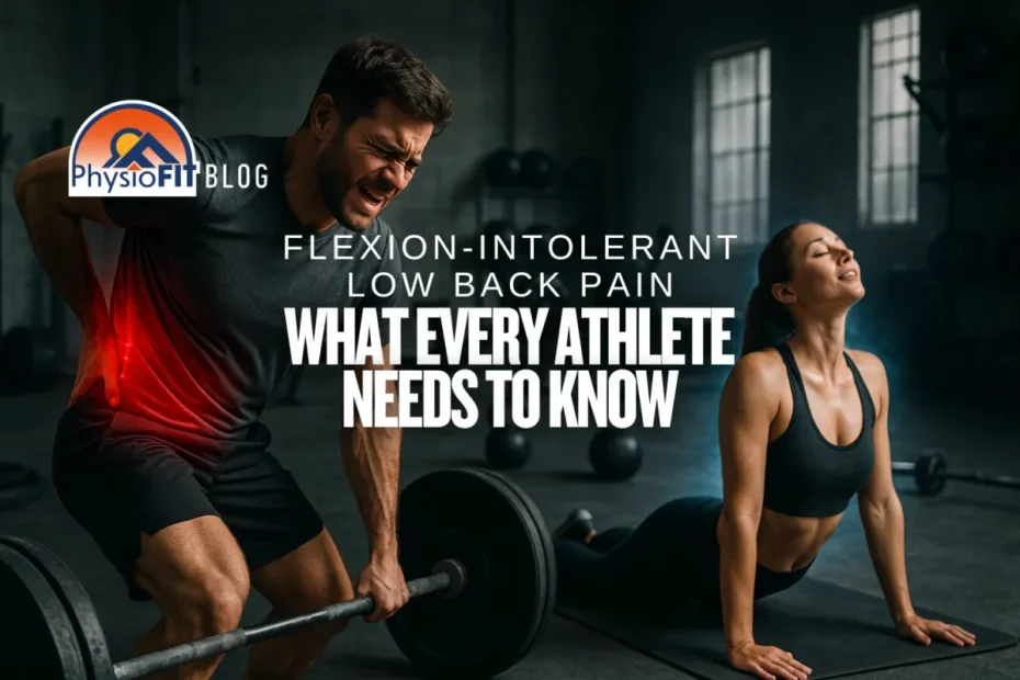 Man on left side of picture has lower back pain when trying to lift weights. Right side of picture shows a woman stretching with no back pain. Text overlay says, "Flexion-Intolerant low back pain what every athlete needs to know."