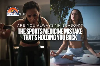 Woman on left side working out and looks to be in pain. The woman on the right side is stretching and looks pain free.